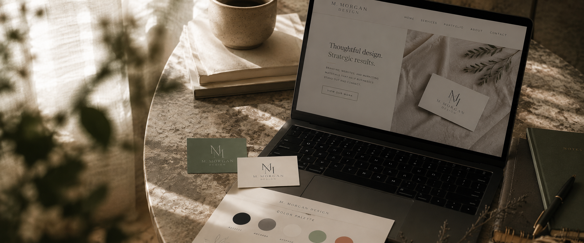 Warm editorial brand design workspace with laptop, business cards, and M. Morgan Design palette